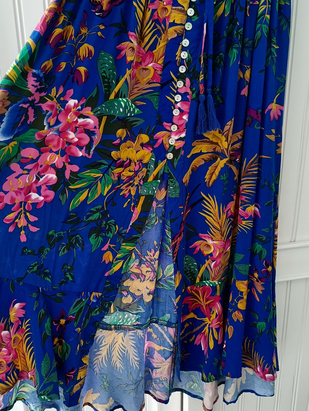 Blue Tropical Button-Front Resort Maxi Skirt Middle Slit Tassels Cynthia Rowley - Picture 4 of 6